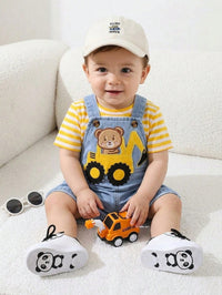 Set Overall Denim Celana Pendek Kaos Bayi Laki-Laki 2 Pcs