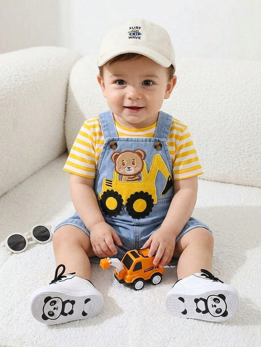 Set Overall Denim Celana Pendek Kaos Bayi Laki-Laki 2 Pcs