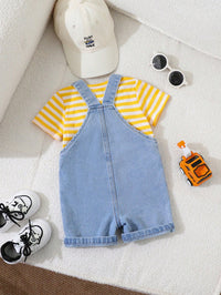 Set Overall Denim Celana Pendek Kaos Bayi Laki-Laki 2 Pcs