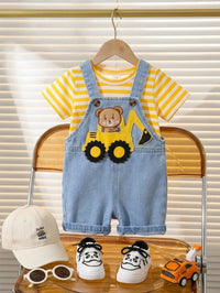 Set Overall Denim Celana Pendek Kaos Bayi Laki-Laki 2 Pcs