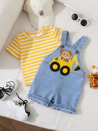 Set Overall Denim Celana Pendek Kaos Bayi Laki-Laki 2 Pcs
