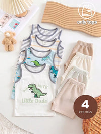Set Rompi Tanpa Lengan Motif Kartun Garis Bayi Laki-Laki 4 Pcs