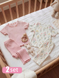 Set Piyama Lengan Pendek Motif Bunga Bayi Perempuan 4 Pcs