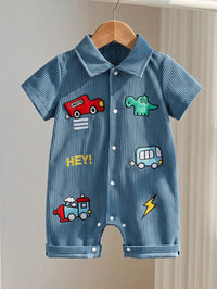 Bodysuit Lengan Pendek Motif Mobil dan Dinosaurus Bayi Laki-Laki