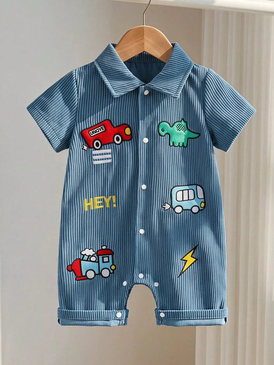 Bodysuit Lengan Pendek Motif Mobil dan Dinosaurus Bayi Laki-Laki