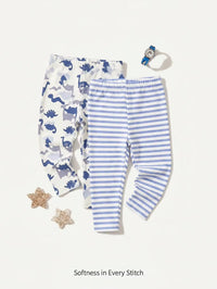 Set Celana Panjang Motif Siluet Dinosaurus Garis Bayi Laki-Laki 2 Pcs