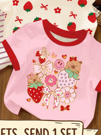 1 Random Pc Baby Girls Summer Clothing Surprise Box, Casual Round Neck Short Sleeve T-Shirt With Cute Bow, Dopamine Floral And Striped Print, Soft