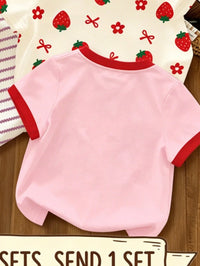 1 Random Pc Baby Girls Summer Clothing Surprise Box, Casual Round Neck Short Sleeve T-Shirt With Cute Bow, Dopamine Floral And Striped Print, Soft