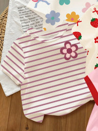 1 Random Pc Baby Girls Summer Clothing Surprise Box, Casual Round Neck Short Sleeve T-Shirt With Cute Bow, Dopamine Floral And Striped Print, Soft