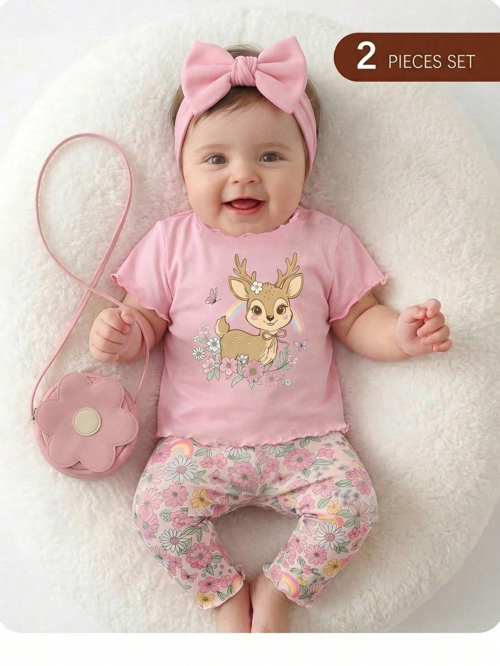 Baby Girl This Adorable Two-Piece Set Features A Pink Deer Top And Leggings, A Casual And Loose-Fitting Round Neck Short-Sleeved T-Shirt And Leggings