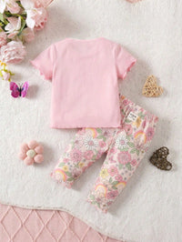 Baby Girl This Adorable Two-Piece Set Features A Pink Deer Top And Leggings, A Casual And Loose-Fitting Round Neck Short-Sleeved T-Shirt And Leggings
