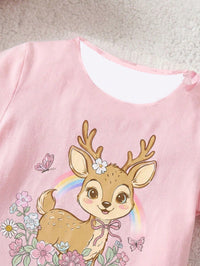 Baby Girl This Adorable Two-Piece Set Features A Pink Deer Top And Leggings, A Casual And Loose-Fitting Round Neck Short-Sleeved T-Shirt And Leggings