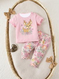 Baby Girl This Adorable Two-Piece Set Features A Pink Deer Top And Leggings, A Casual And Loose-Fitting Round Neck Short-Sleeved T-Shirt And Leggings