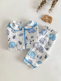 Set Baju Kancing Depan Motif Gajah dan Celana Panjang Santai Bayi Laki-Laki