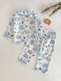 Set Baju Kancing Depan Motif Gajah dan Celana Panjang Santai Bayi Laki-Laki