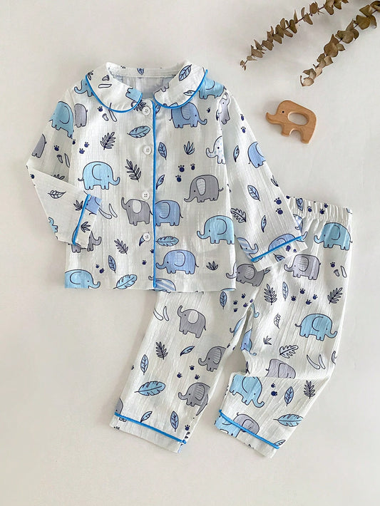 Baby Boy Elephant Print Single-Breasted Top And Pants Loungewear Set