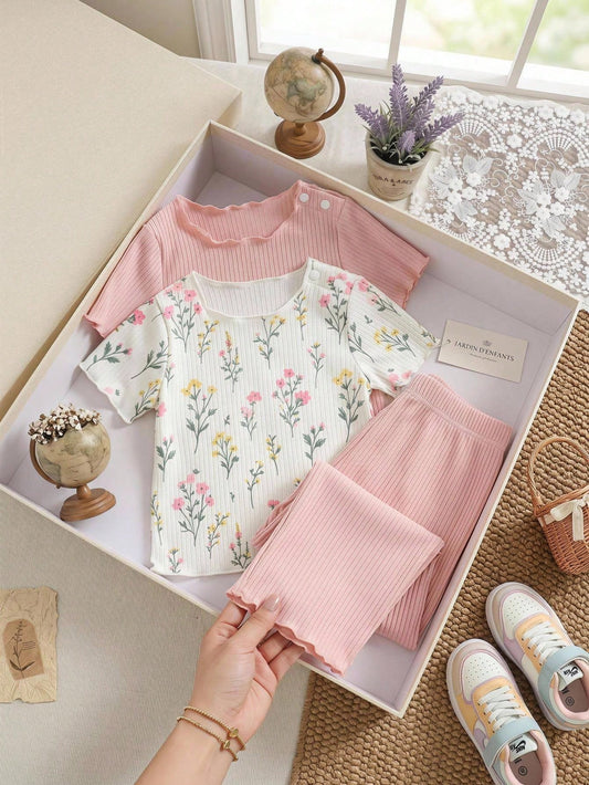 Set Piyama Lengan Pendek Motif Bunga Bayi Perempuan 4 Pcs