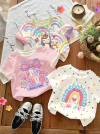 Set Kaos Leher Bulat Lengan Pendek Motif Unicorn Pelangi Bayi Perempuan 3 Pcs