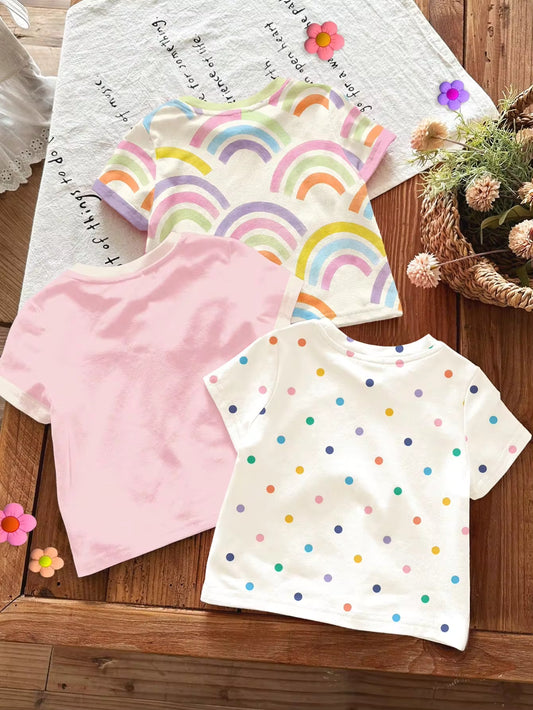 Set Kaos Leher Bulat Lengan Pendek Motif Unicorn Pelangi Bayi Perempuan 3 Pcs
