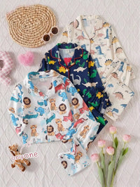 Set Baju Santai Kardigan Lengan Panjang Motif Hewan Kartun Bayi Laki-Laki 2 Pcs