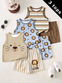 Set Kaos Tanpa Lengan Motif Kartun Bayi Laki-Laki 3 Pcs