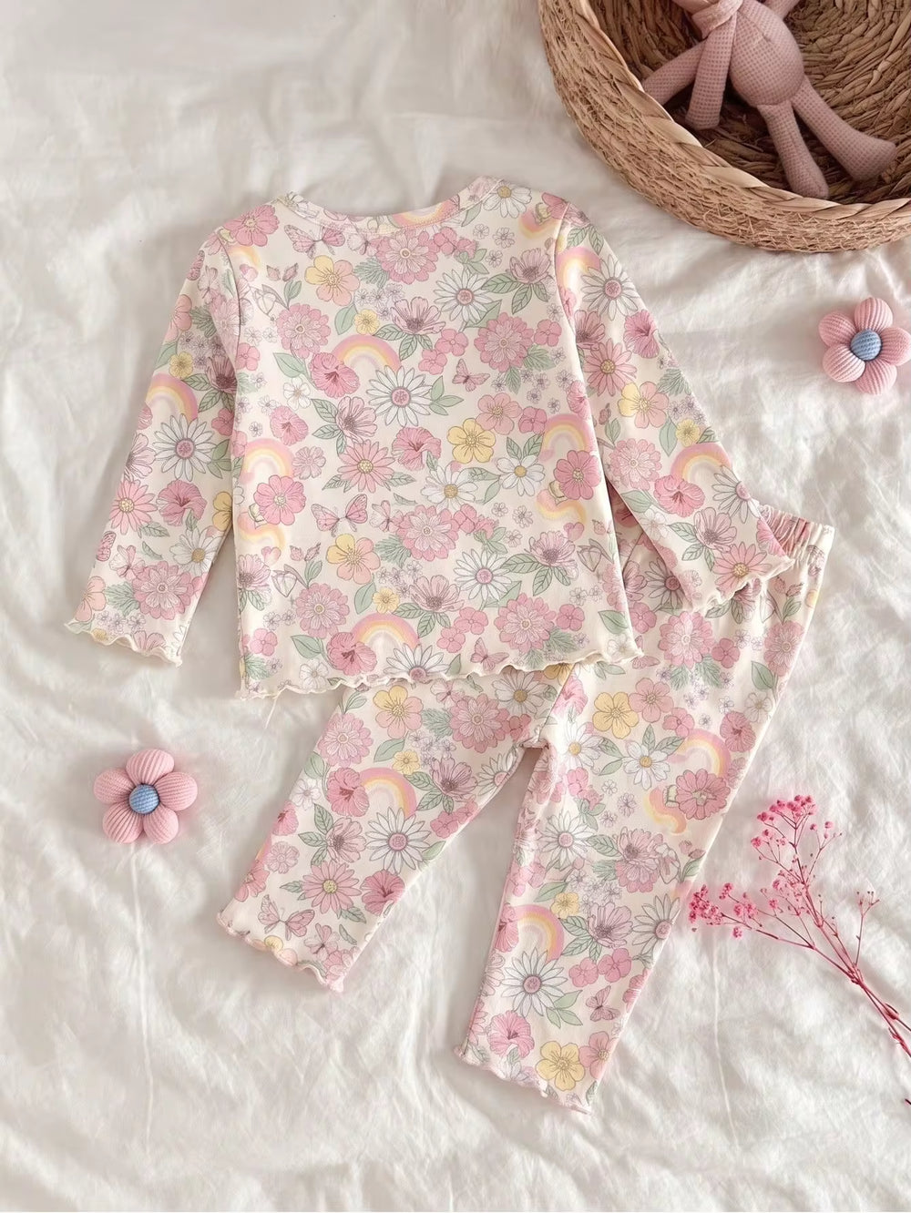 Set Baju Santai Lengan Panjang Motif Kartun dan Bunga Bayi Perempuan