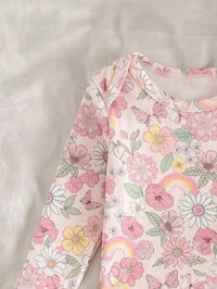 Newborn Baby Girl Cute Cartoon & Floral Print Long Sleeve Fitted Loungewear Set
