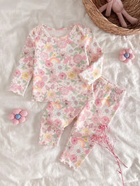 Newborn Baby Girl Cute Cartoon & Floral Print Long Sleeve Fitted Loungewear Set
