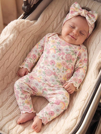 Newborn Baby Girl Cute Cartoon & Floral Print Long Sleeve Fitted Loungewear Set