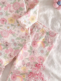 Newborn Baby Girl Cute Cartoon & Floral Print Long Sleeve Fitted Loungewear Set