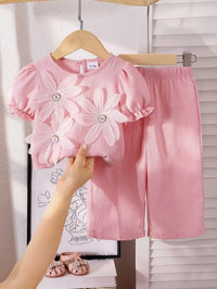 Set Atasan Lengan Balon dan Celana Panjang Motif Bunga 3D Bayi Perempuan 2 Pcs