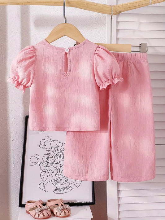 Set Atasan Lengan Balon dan Celana Panjang Motif Bunga 3D Bayi Perempuan 2 Pcs