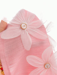 2pcs/Set Sweet Cute 3D Floral Decor Puff Sleeve Top & Straight Leg Pants Pink Outfit, Suitable For Summer Travel, Vacation And Daily Wear