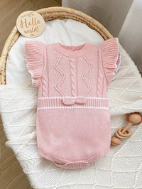 SHEIN Baby Girl Sweater Crawling Suit, Pullover, Beige, Knitted, Short Flutter Sleeves, Lace Collar, Jacquard, Button Front Autumn Fall