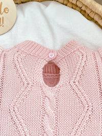 SHEIN Baby Girl Sweater Crawling Suit, Pullover, Beige, Knitted, Short Flutter Sleeves, Lace Collar, Jacquard, Button Front Autumn Fall