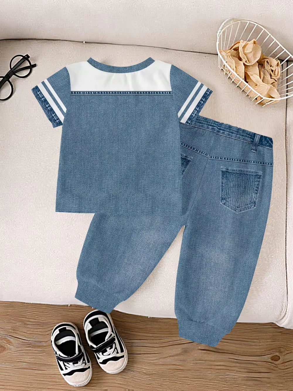 Set Kaos Leher Bulat Lengan Pendek dan Celana Panjang Anak Laki-Laki 2 Pcs
