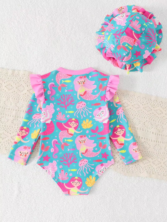 Pakaian Renang One-Piece Motif Putri Duyung Kartun Aksen Ruffle Bayi Perempuan