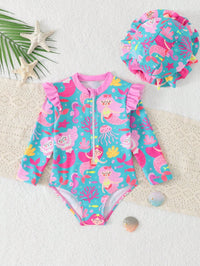 Baby Girl Cartoon Mermaid Print Patchwork Ruffle Trim One-Piece Swimsuit