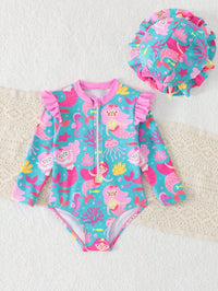 Baby Girl Cartoon Mermaid Print Patchwork Ruffle Trim One-Piece Swimsuit
