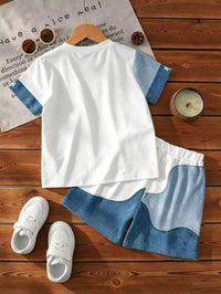 Set Pakaian Musim Panas Motif Color Block Gelombang Bayi Laki-Laki