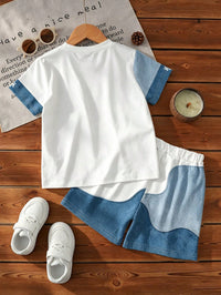 1 Set Baby Boy Outfit, Spring/Summer New Fashion Casual Versatile, Dark & Light Color Block Wave Patchwork, Creating Eye-Catching Summer Look, Photo-Ready, Handsome & Cool Design, Suitable For Daily Outings, School Wear, Holiday Travel, Multi-Wear, Perfect As A Gift, Easily Unlock Multiple Boys' Summer Styles