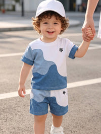 1 Set Baby Boy Outfit, Spring/Summer New Fashion Casual Versatile, Dark & Light Color Block Wave Patchwork, Creating Eye-Catching Summer Look, Photo-Ready, Handsome & Cool Design, Suitable For Daily Outings, School Wear, Holiday Travel, Multi-Wear, Perfect As A Gift, Easily Unlock Multiple Boys' Summer Styles