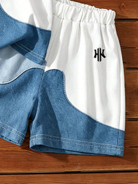 1 Set Baby Boy Outfit, Spring/Summer New Fashion Casual Versatile, Dark & Light Color Block Wave Patchwork, Creating Eye-Catching Summer Look, Photo-Ready, Handsome & Cool Design, Suitable For Daily Outings, School Wear, Holiday Travel, Multi-Wear, Perfect As A Gift, Easily Unlock Multiple Boys' Summer Styles