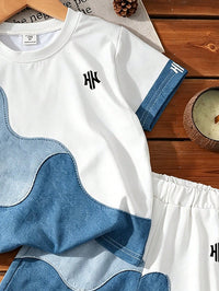 1 Set Baby Boy Outfit, Spring/Summer New Fashion Casual Versatile, Dark & Light Color Block Wave Patchwork, Creating Eye-Catching Summer Look, Photo-Ready, Handsome & Cool Design, Suitable For Daily Outings, School Wear, Holiday Travel, Multi-Wear, Perfect As A Gift, Easily Unlock Multiple Boys' Summer Styles