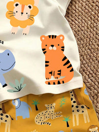 Baby Boy Casual Minimalist Round Neck Cartoon Print Short Sleeve Top, Suitable For Spring And Summer