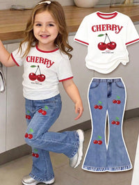 Set Kaos Lengan Pendek Motif Cherry dan Celana Retro Bayi Perempuan 2 Pcs