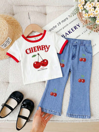 Cute Girls' Retro Floral Print 2pcs Set, Cherry Short-Sleeved Round Neck T-Shirt Pants, Summer Vacation Fashionable Baby Girl Casual Cute Outfit Work