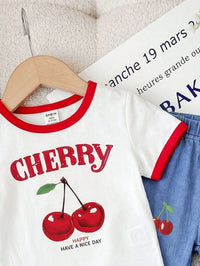 Cute Girls' Retro Floral Print 2pcs Set, Cherry Short-Sleeved Round Neck T-Shirt Pants, Summer Vacation Fashionable Baby Girl Casual Cute Outfit Work