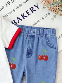 Cute Girls' Retro Floral Print 2pcs Set, Cherry Short-Sleeved Round Neck T-Shirt Pants, Summer Vacation Fashionable Baby Girl Casual Cute Outfit Work
