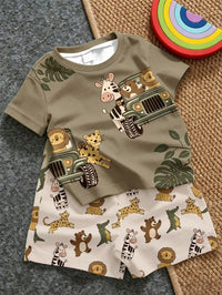 Set Kaos Leher Bulat Motif Kartun dan Celana Pendek Bayi Laki-Laki 2 Pcs